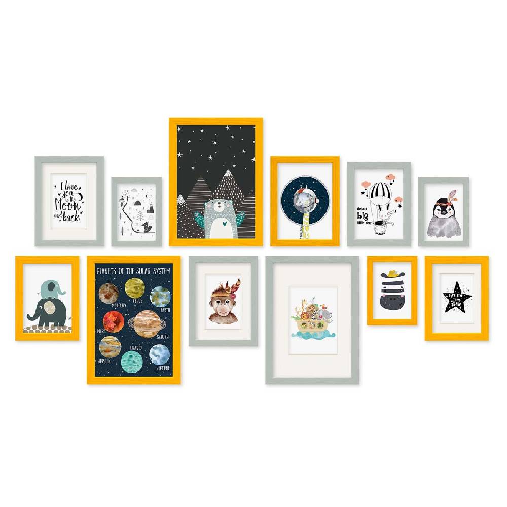 Photolini 12er Set Bilderrahmen Gelb Grau Massivholz 10x15 bis 21x30 cm mit 4 Passepartouts | Acrylglas Nur für heute