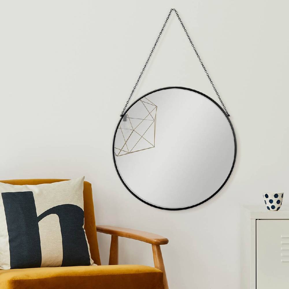 Photolini Spiegel Rund Schwarz mit Metallrahmen und Kettenaufhänung 50 cm
