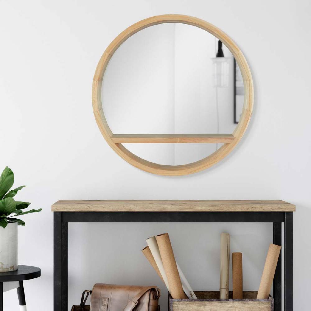 Photolini Spiegel Holzrahmen Rund mit Ablage 60 cm Natur