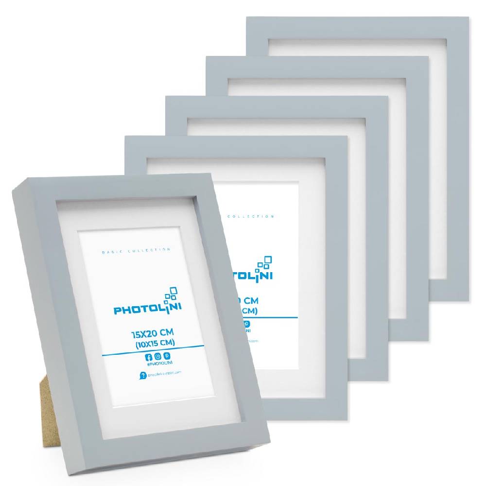 Photolini 5er Bilderrahmen-Set Echtholz Grau 15x20 cm mit Passepartout 10x15 cm, Glas