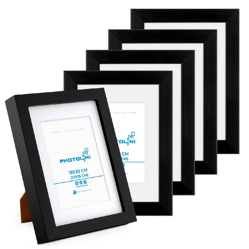 Photolini 5er Bilderrahmen-Set Echtholz Schwarz 15x20 cm mit Passepartout 10x15 cm, Glas