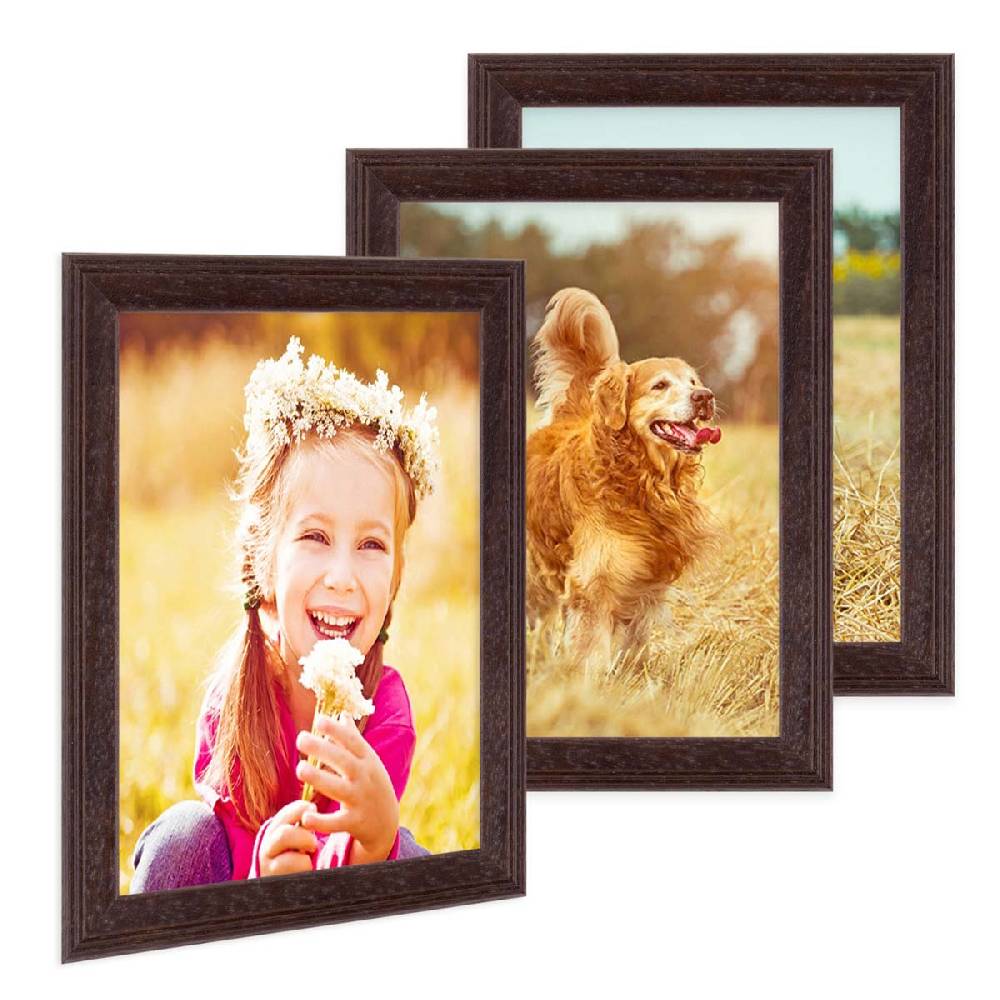 Photolini 3er Set Landhaus-Bilderrahmen 18x24 cm Nuss Modern Massivholz