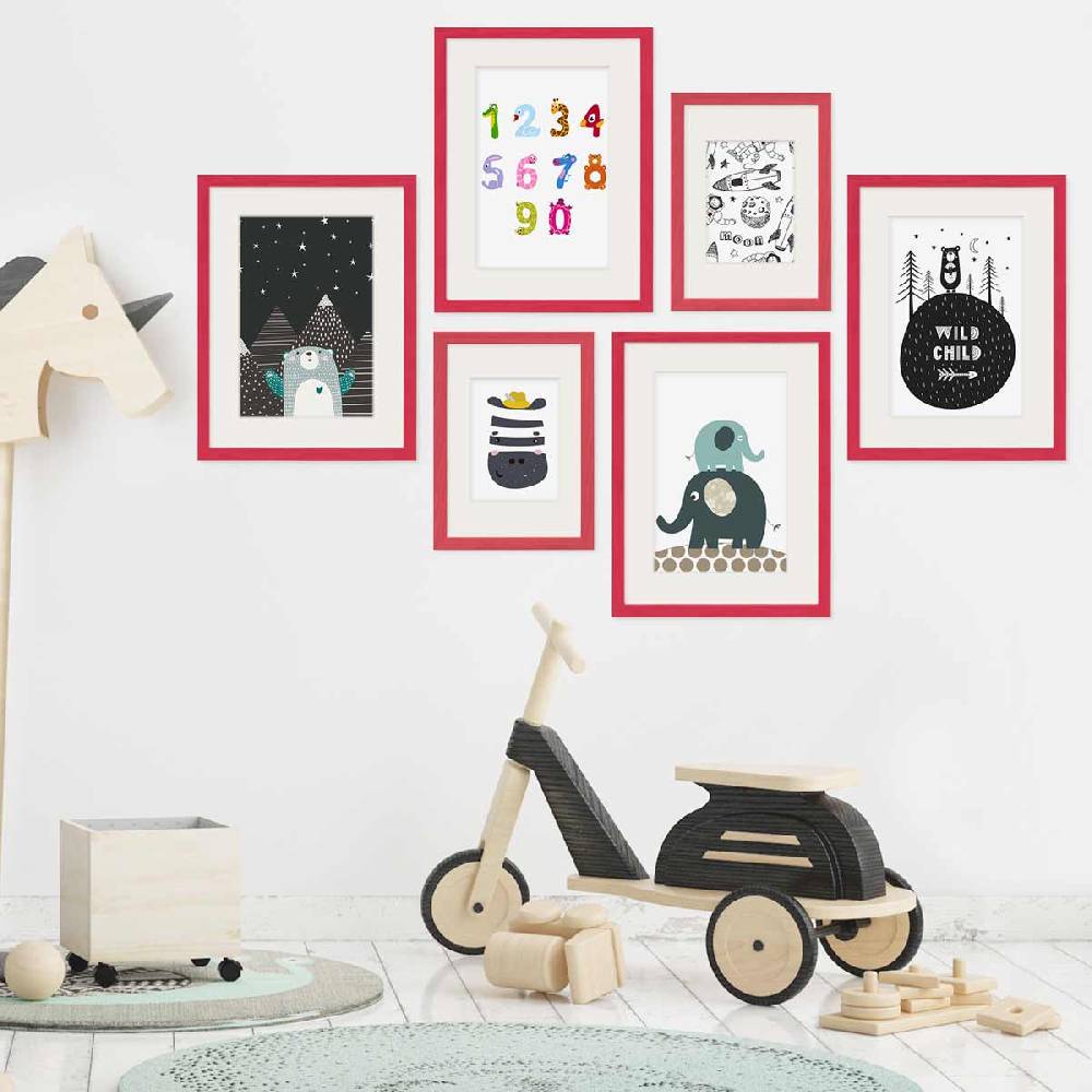 Photolini 6er Set Bilderrahmen Rot Massivholz 21x30, 30x40 cm mit Passepartouts | Acrylglas