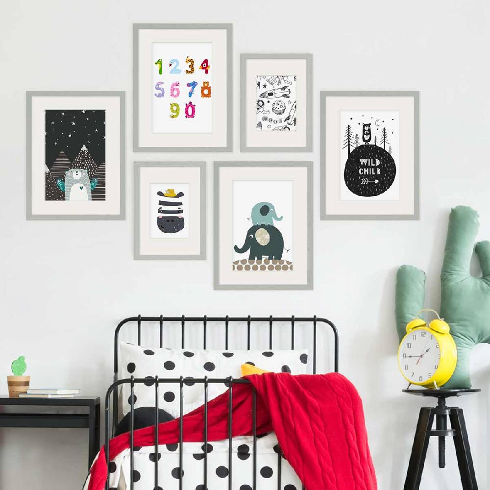 Photolini 6er Set Bilderrahmen Grau Massivholz mit Acrylglasscheibe 21x30 und 30x40 cm mit Passepartout