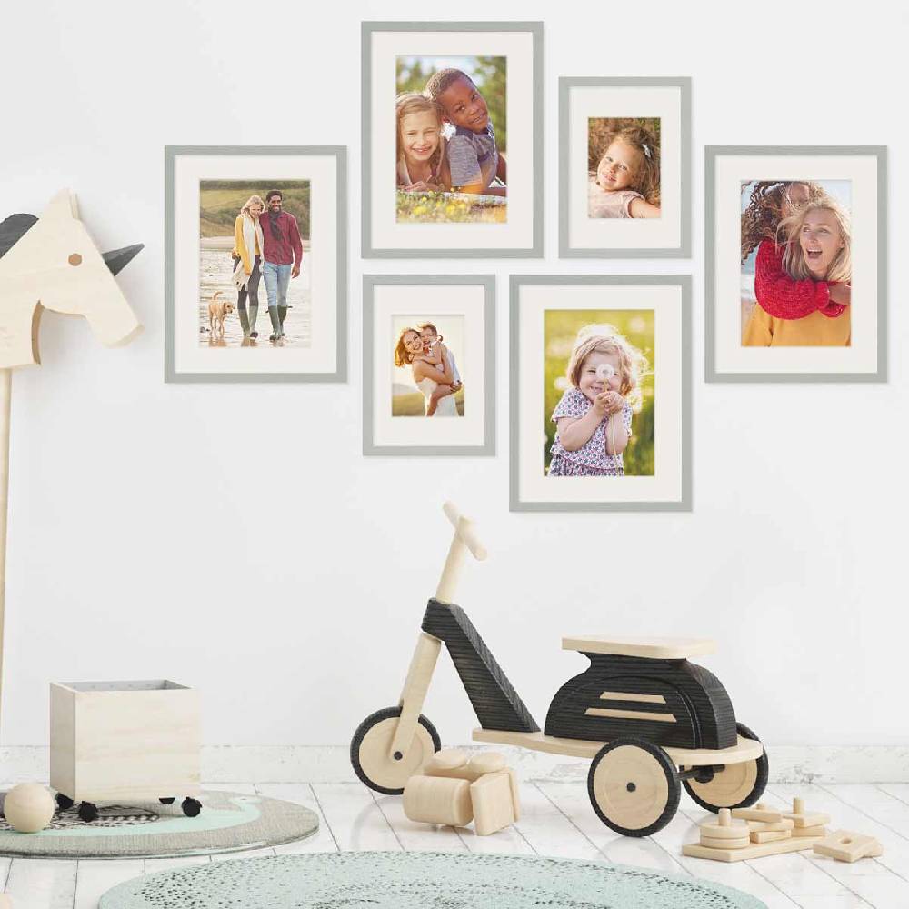Photolini 6er Set Bilderrahmen Grau Massivholz mit Acrylglasscheibe 21x30 und 30x40 cm mit Passepartout Auslauf
