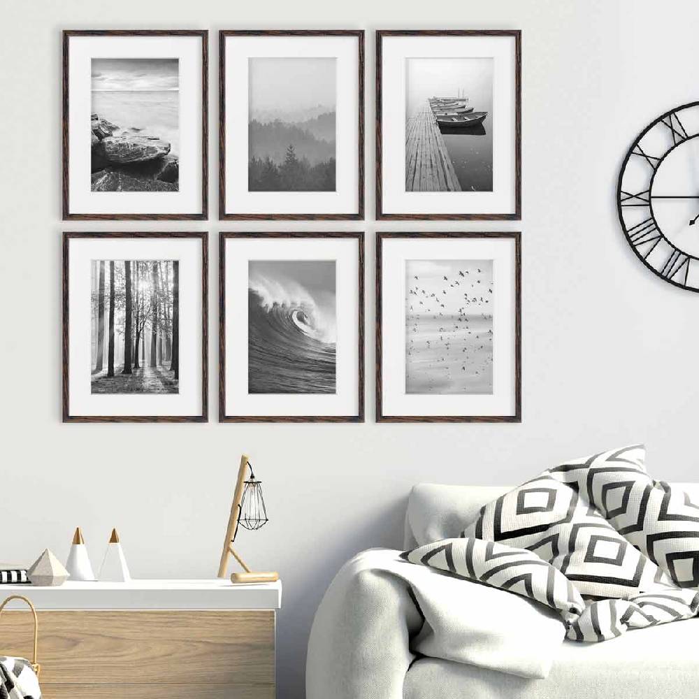 Photolini 6er Set Poster-Bilderrahmen 30x40 cm Eiche Dunkel MDF mit Passepartout
