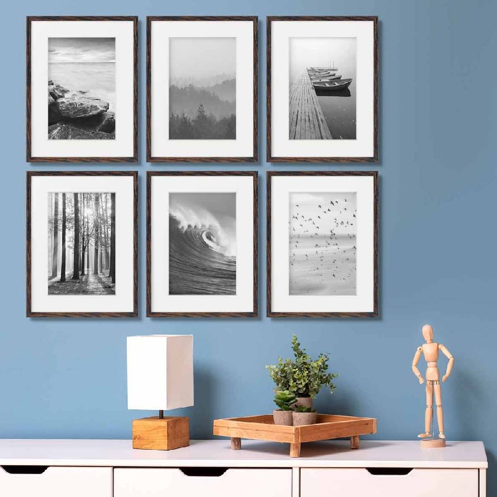 Photolini 6er Set Poster-Bilderrahmen 30x40 cm Eiche Dunkel MDF mit Passepartout Schlussverkauf