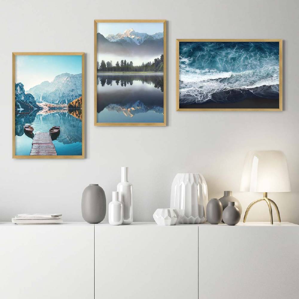 Photolini 3er Set Poster-Bilderrahmen 42x59,4 cm / DIN A2 Modern Gold aus MDF mit Acrylglas