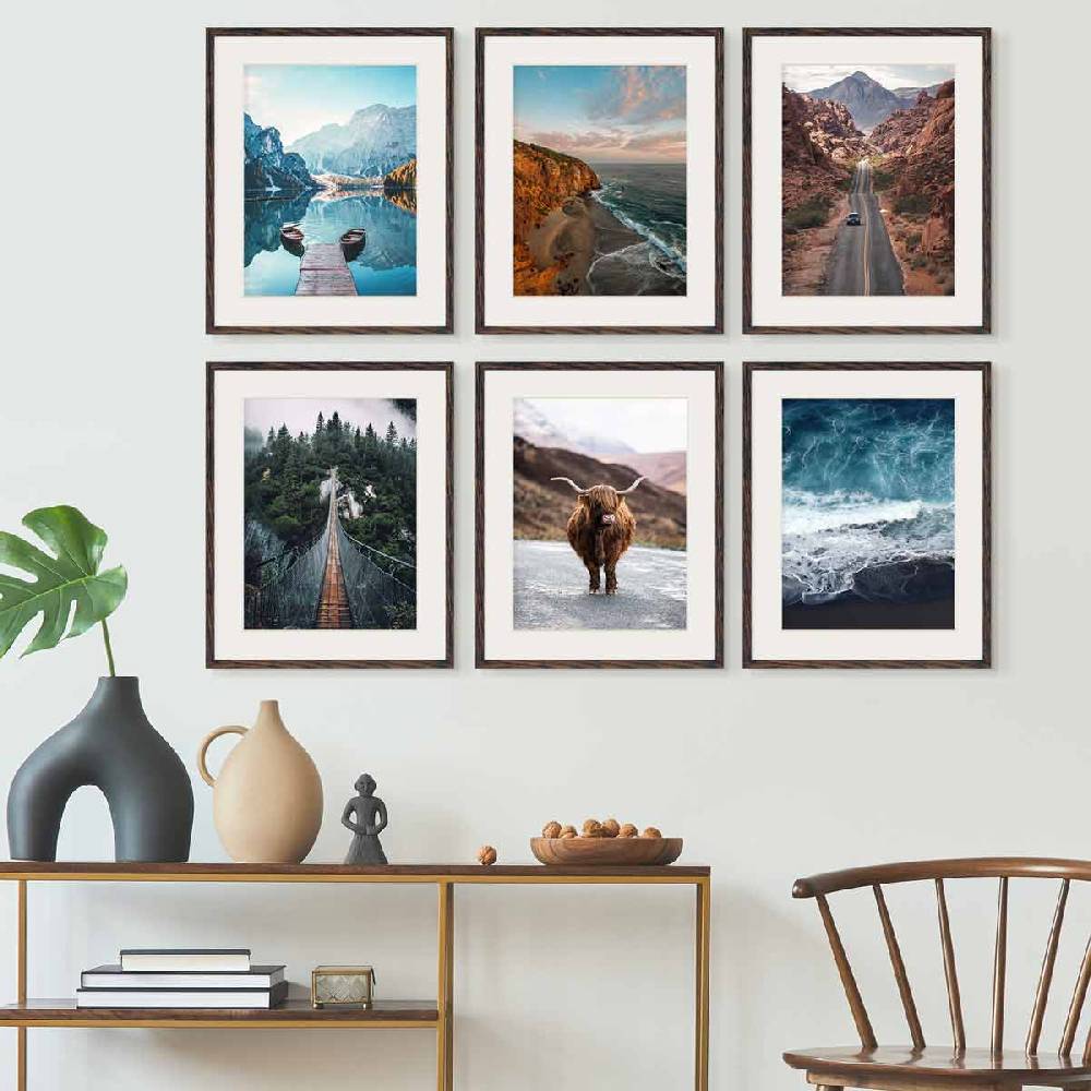 Photolini 6er Set Poster-Bilderrahmen 40x50 cm Eiche Dunkel MDF mit Passepartout Blitzverkäufe