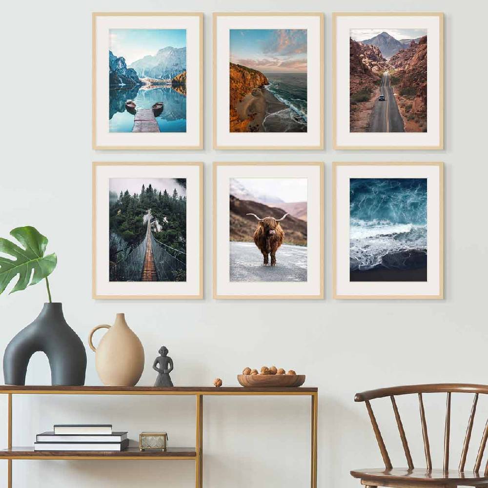Photolini 6er Set Poster-Bilderrahmen 40x50 cm Modern Natur MDF mit Passepartout Fabrikpreis