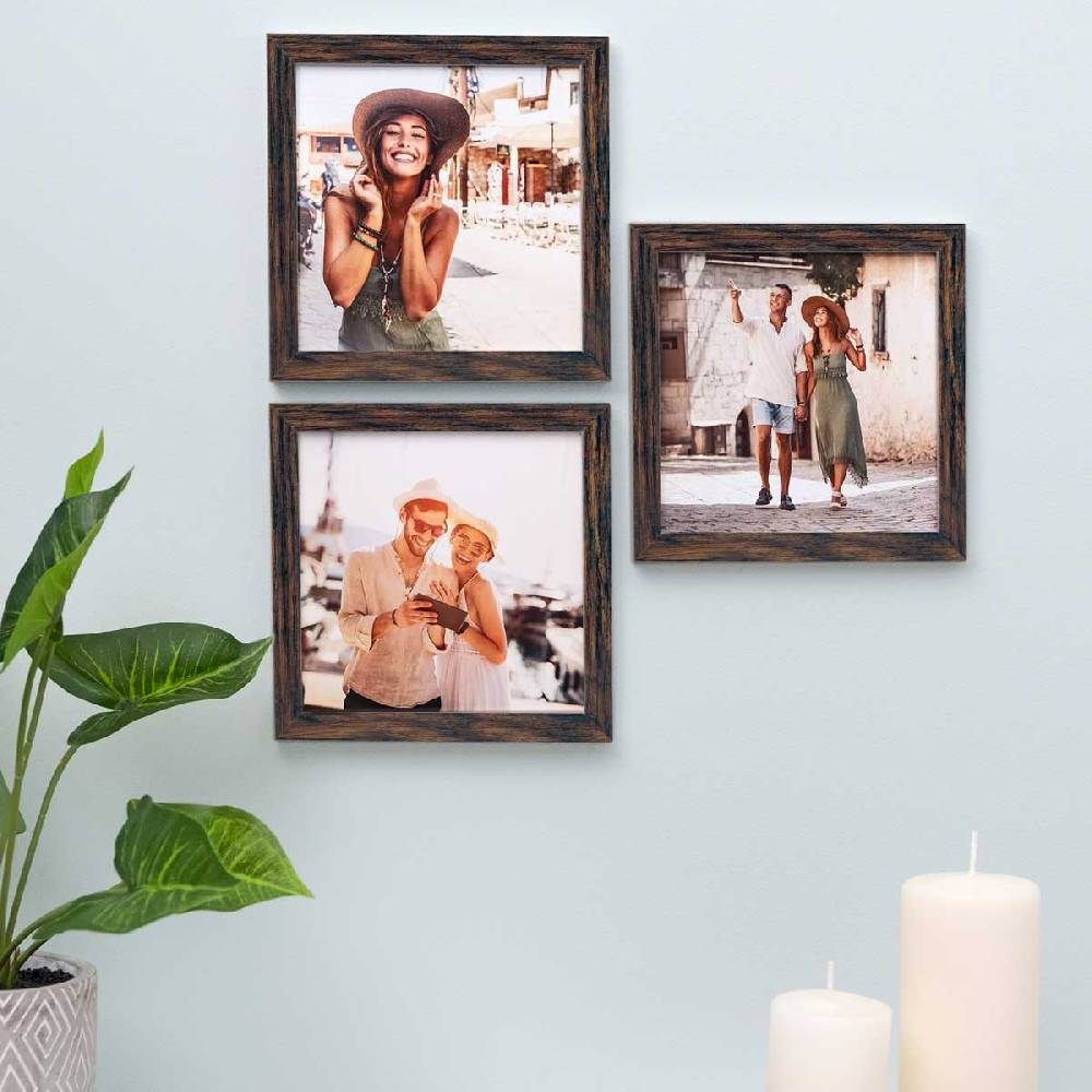 Photolini 3er Bilderrahmen-Set 15x15 cm Eiche Dunkel aus MDF mit Acrylglas