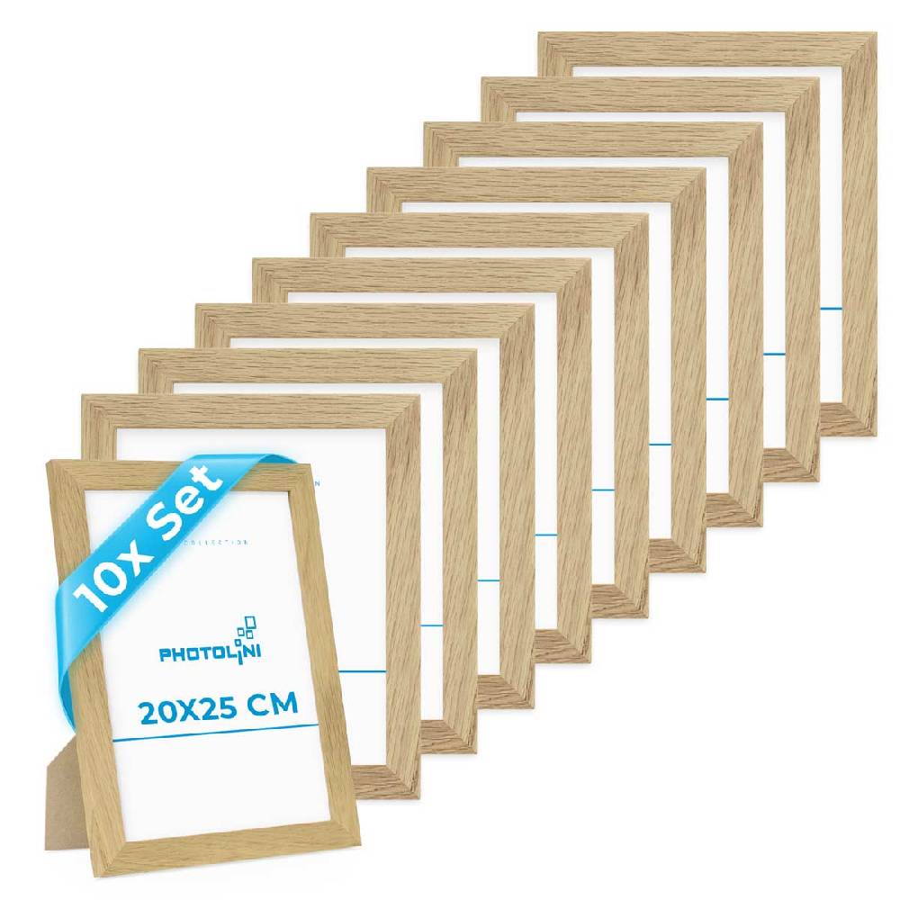 Photolini 10er Bilderrahmen-Set breit 20x25 cm Eiche Massivholz | Acrylglas