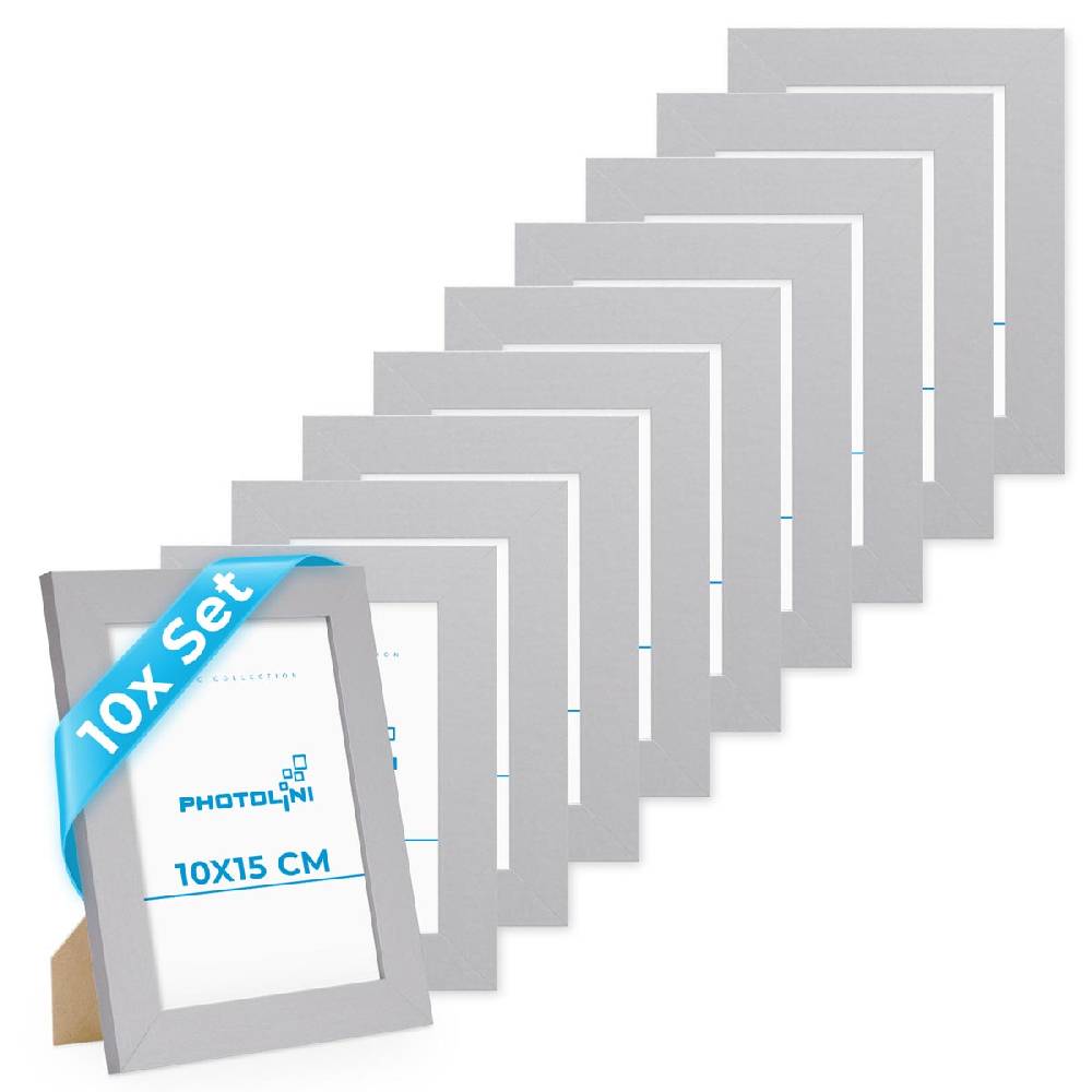 Photolini 10er Bilderrahmen-Set 10x15 cm Modern Silber MDF Basic Collection | Acrylglas