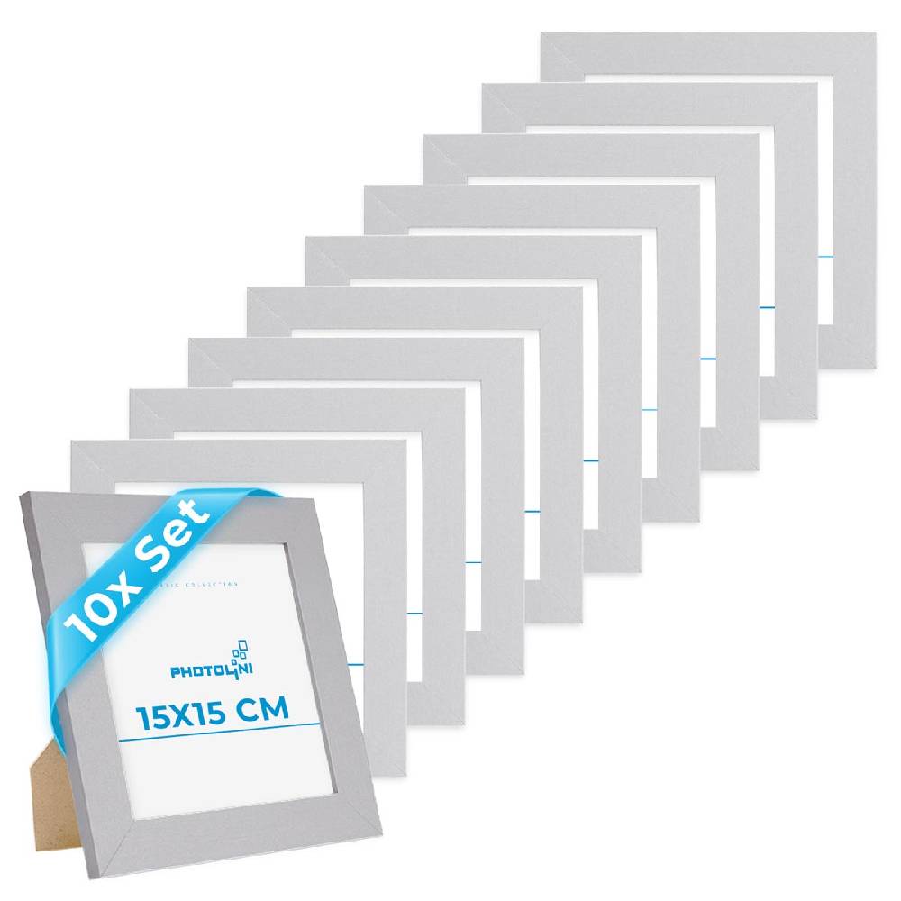 Photolini 10er Bilderrahmen-Set breit 15x15 cm Silber, MDF-Holz | Acrylglas