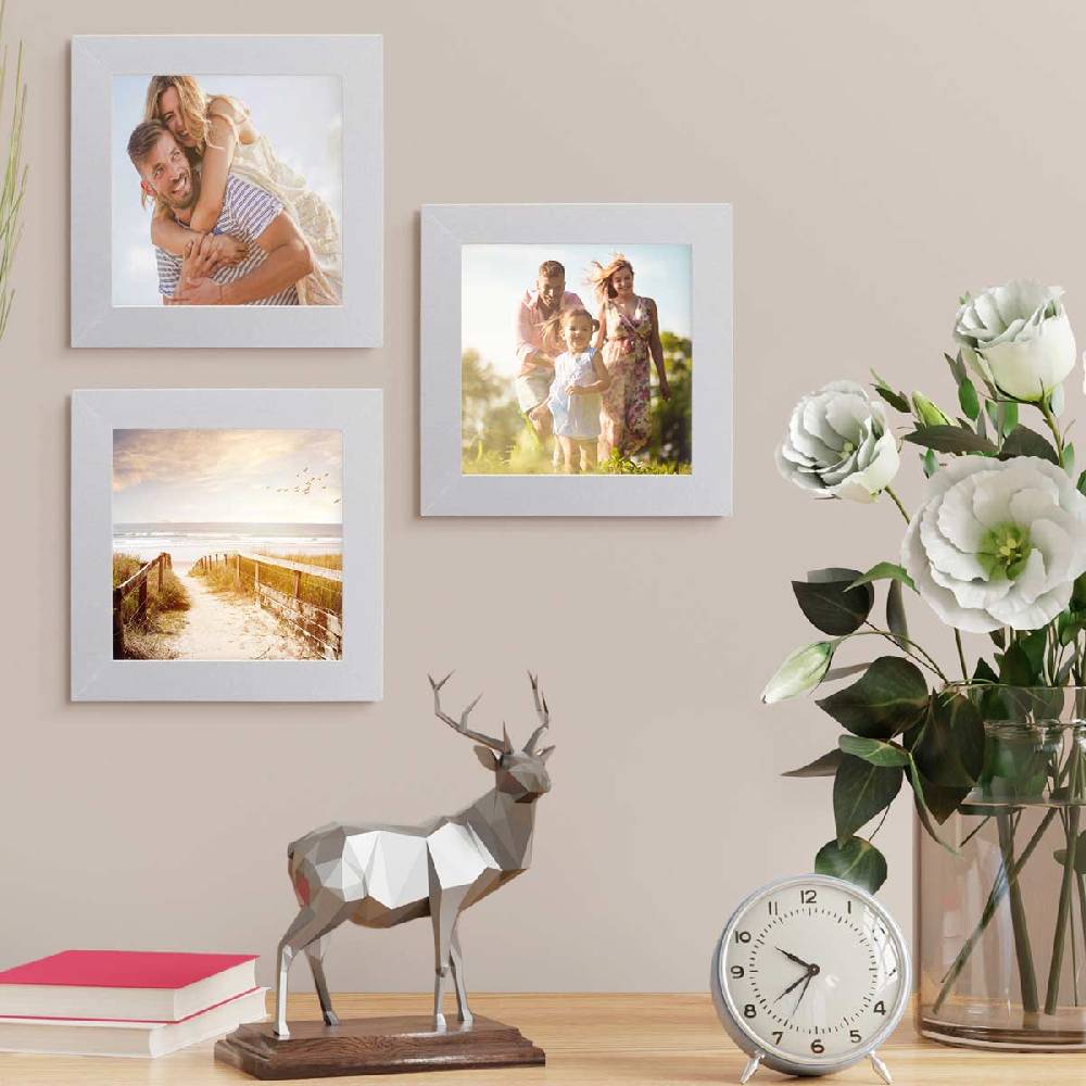 Photolini 3er Bilderrahmen-Set breit 15x15 cm Silber, MDF-Holz | Acrylglas