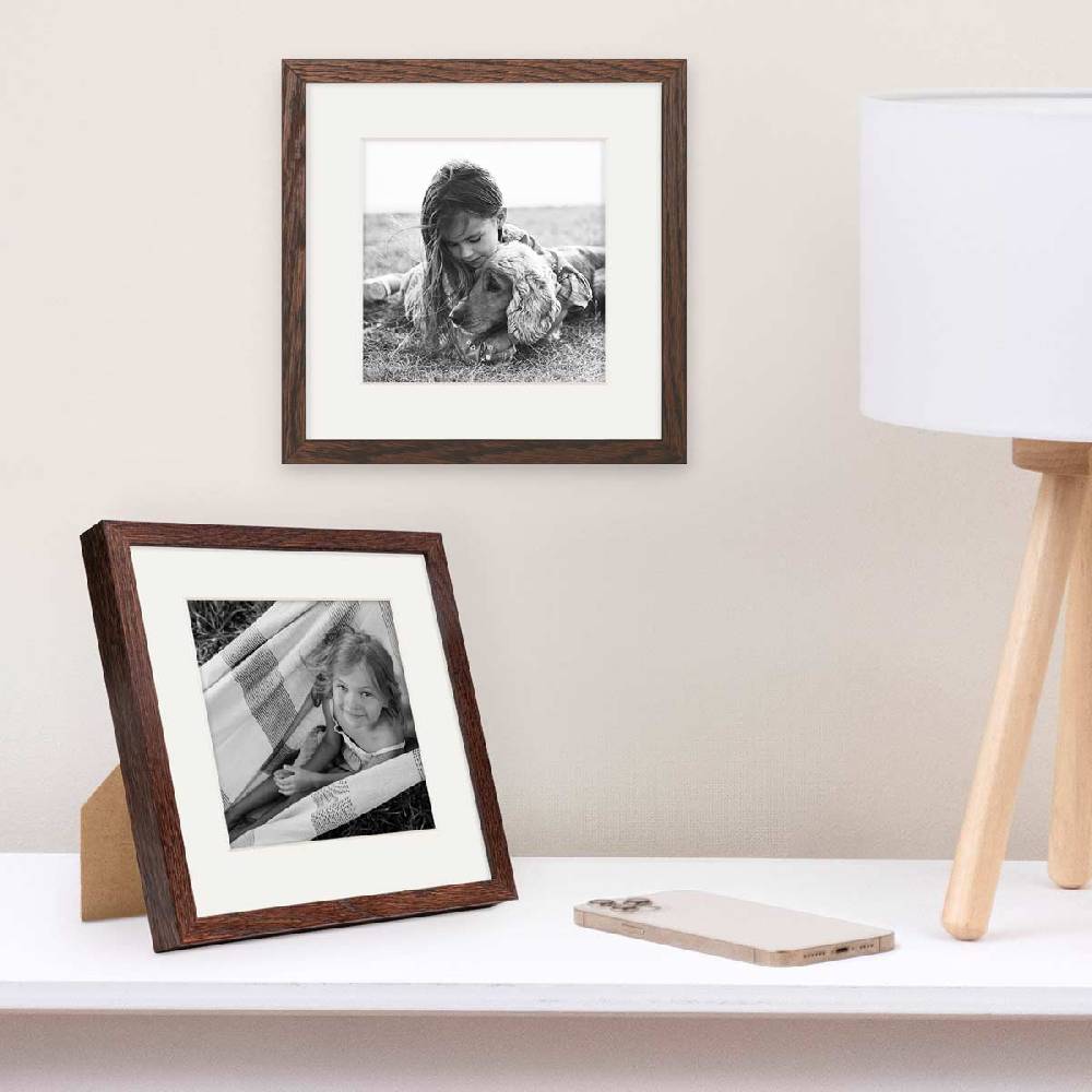 Photolini Bilderrahmen Holz, Eiche Dunkel 20x20 cm mit Passepartout 14x14 cm