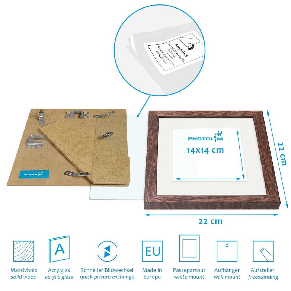 Photolini Bilderrahmen Holz, Eiche Dunkel 20x20 cm mit Passepartout 14x14 cm Blitzangebot