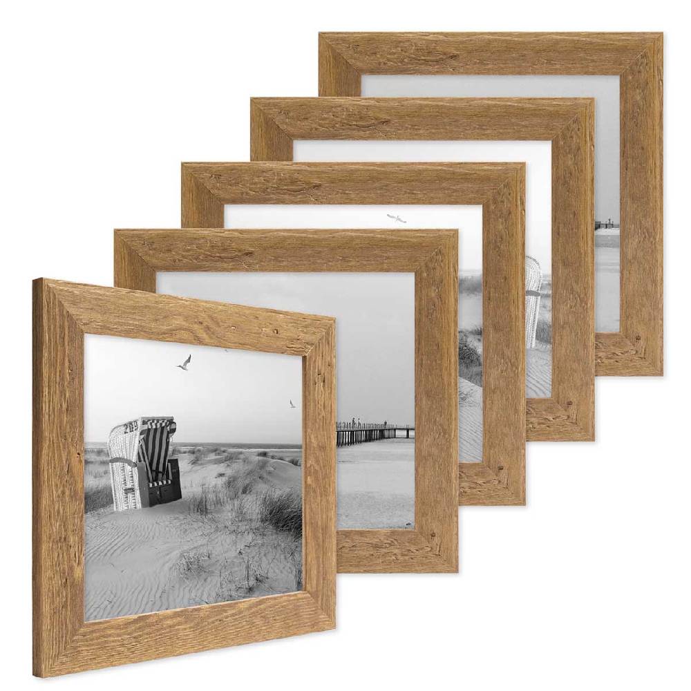Photolini 5er Bilderrahmen-Set 20x20 cm Strandhaus Rustikal Eiche-Optik Natur Massivholz