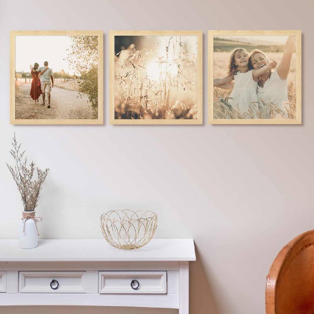 Photolini 3er Bilderrahmen-Set breit 40x40 cm Natur, MDF-Holz | Acrylglas