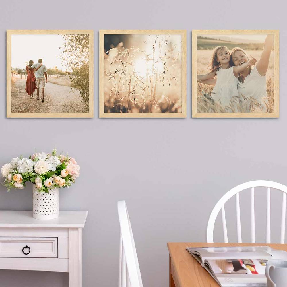 Photolini 3er Bilderrahmen-Set breit 40x40 cm Natur, MDF-Holz | Acrylglas Kostenlose Rückgabe