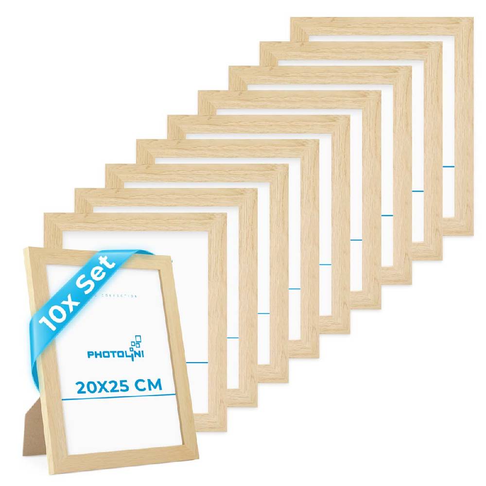 Photolini 10er Bilderrahmen-Set breit 20x25 cm Natur, MDF-Holz | Acrylglas