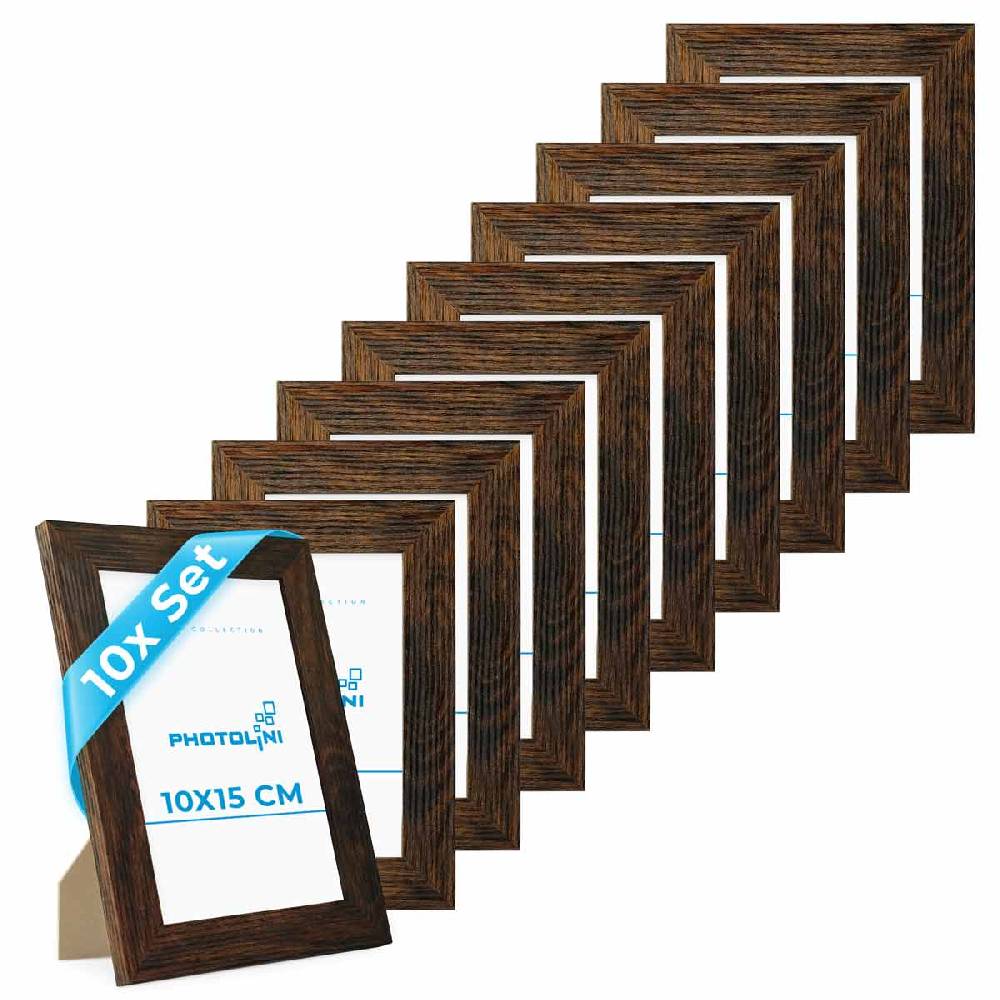 Photolini 10er Bilderrahmen-Set 10x15 cm Modern Eiche Dunkel MDF Basic Collection | Acrylglas