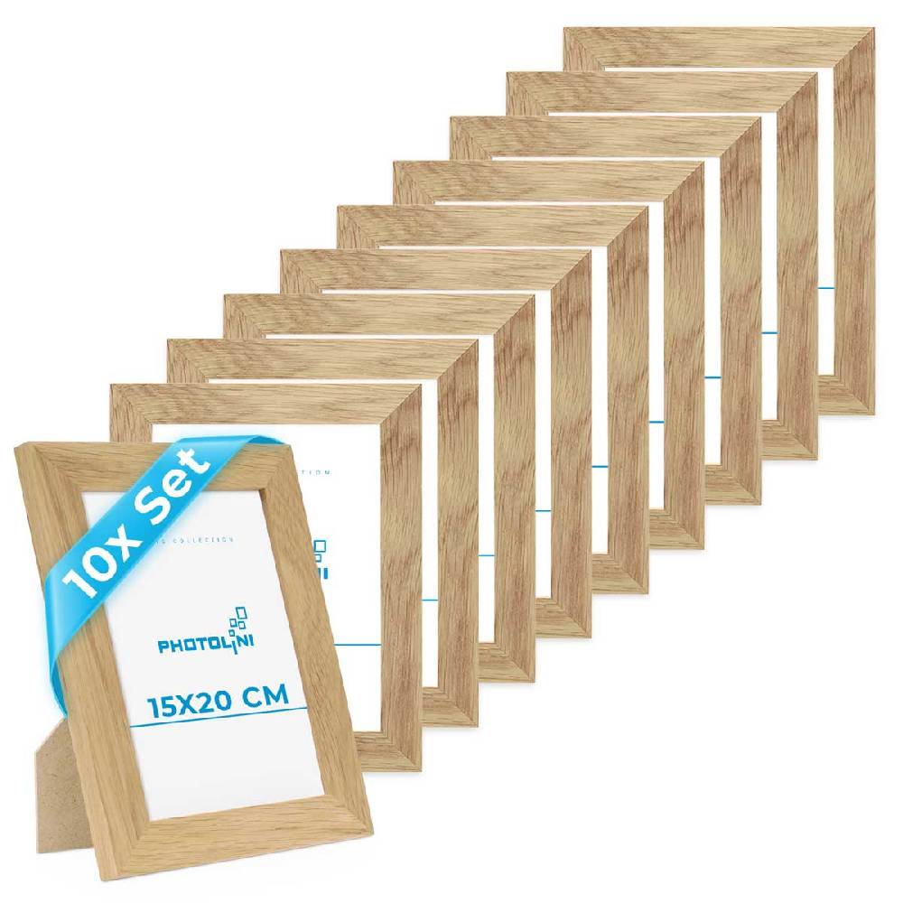 Photolini 10er Bilderrahmen-Set 15x20 cm Modern Eiche Massivholz Basic Collection | Acrylglas