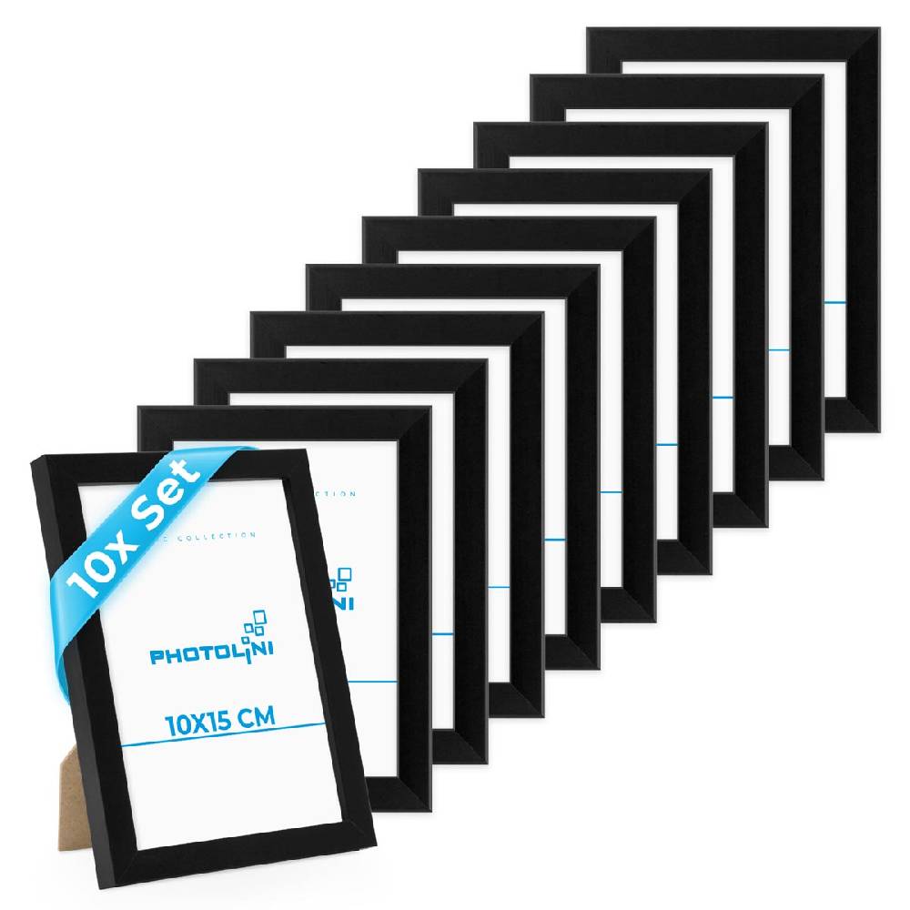 Photolini 10er Bilderrahmen-Set 10x15 cm Modern Schwarz aus MDF mit Acrylglas