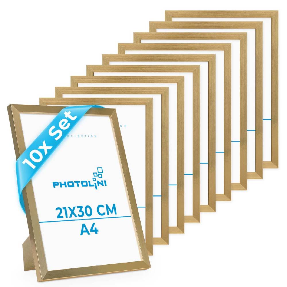 Photolini 10er Bilderrahmen-Set 21x30 cm DIN A4 Modern Gold aus MDF mit Acrylglas