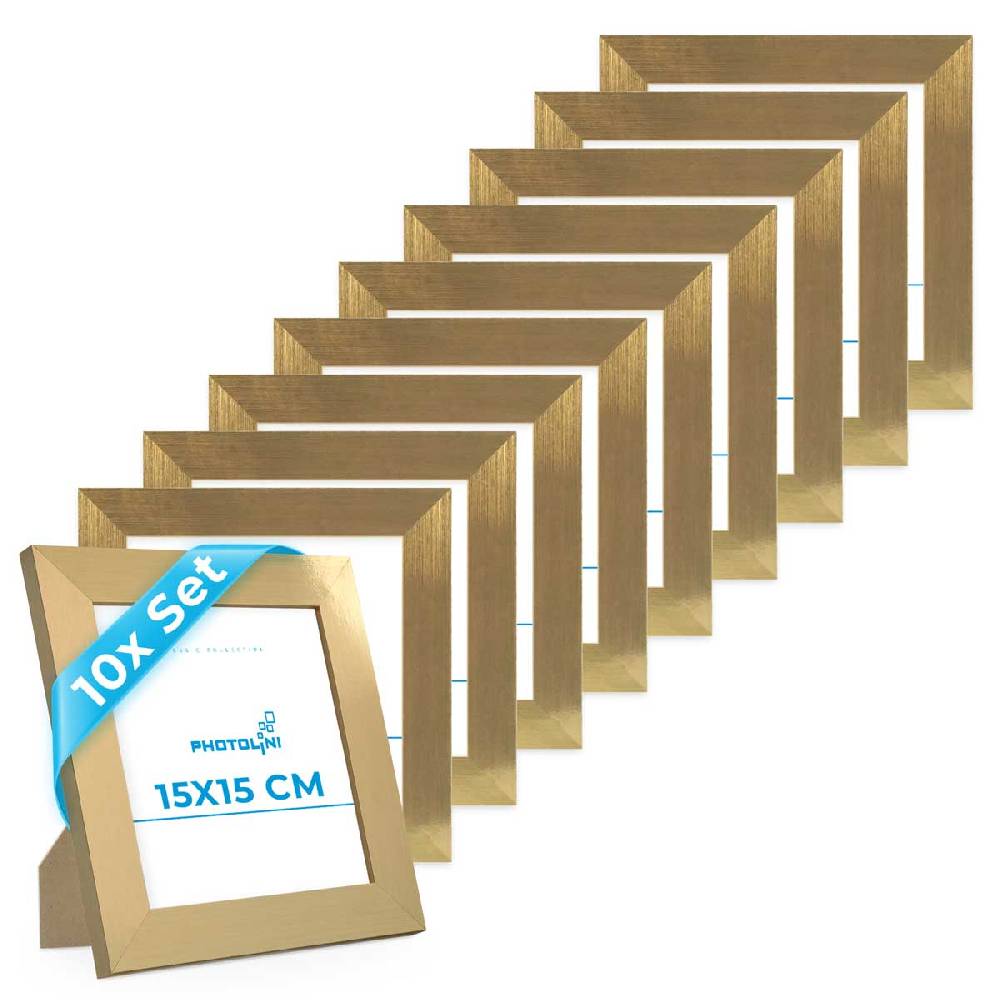 Photolini 10er Bilderrahmen-Set breit 15x15 cm Gold, MDF-Holz | Acrylglas