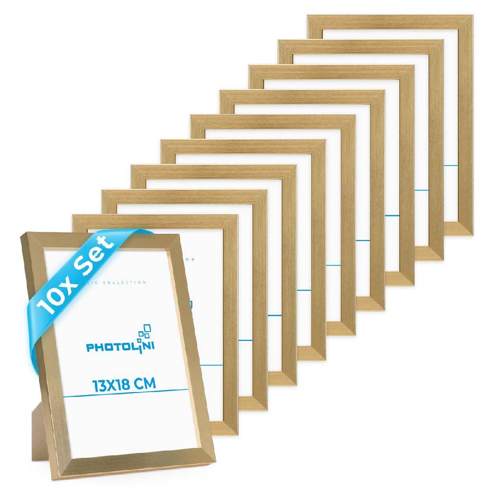 Photolini 10er Bilderrahmen-Set 13x18 cm Modern Gold aus MDF mit Acrylglas