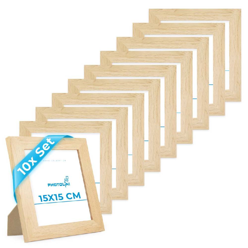 Photolini 10er Bilderrahmen-Set breit 15x15 cm Natur, MDF-Holz | Acrylglas