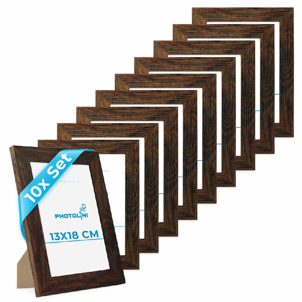 Photolini 10er Bilderrahmen-Set 13x18 cm Modern Eiche Dunkel MDF Basic Collection | Acrylglas