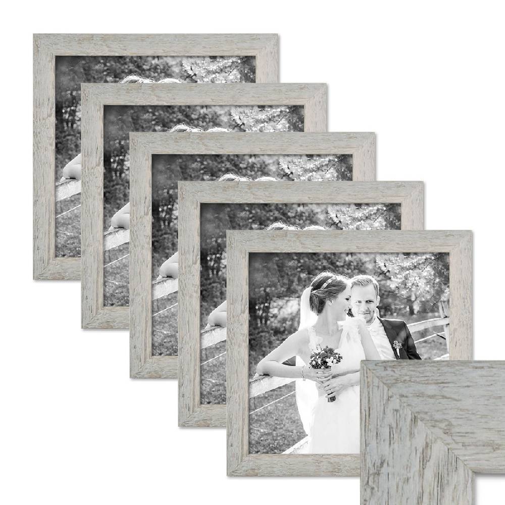 Photolini 5er Bilderrahmen-Set 30x30 cm Strandhaus Grau Rustikal Massivholz