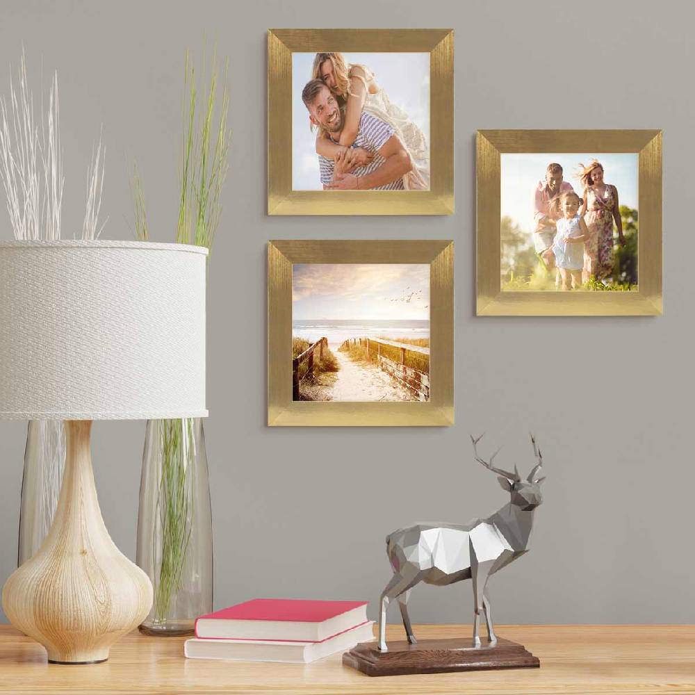 Photolini 3er Bilderrahmen-Set breit 15x15 cm Gold, MDF-Holz | Acrylglas