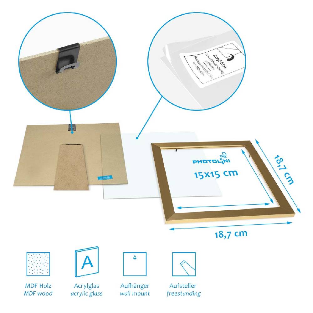Photolini 3er Bilderrahmen-Set breit 15x15 cm Gold, MDF-Holz | Acrylglas Super Rabatt