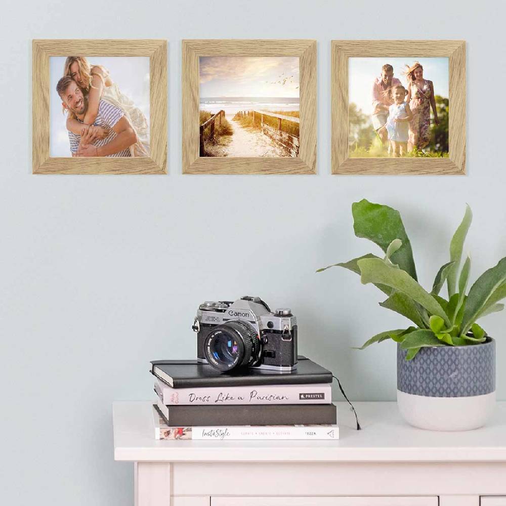 Photolini 3er Bilderrahmen-Set breit 15x15 cm Eiche Massivholz | Acrylglas Clearance-Verkauf