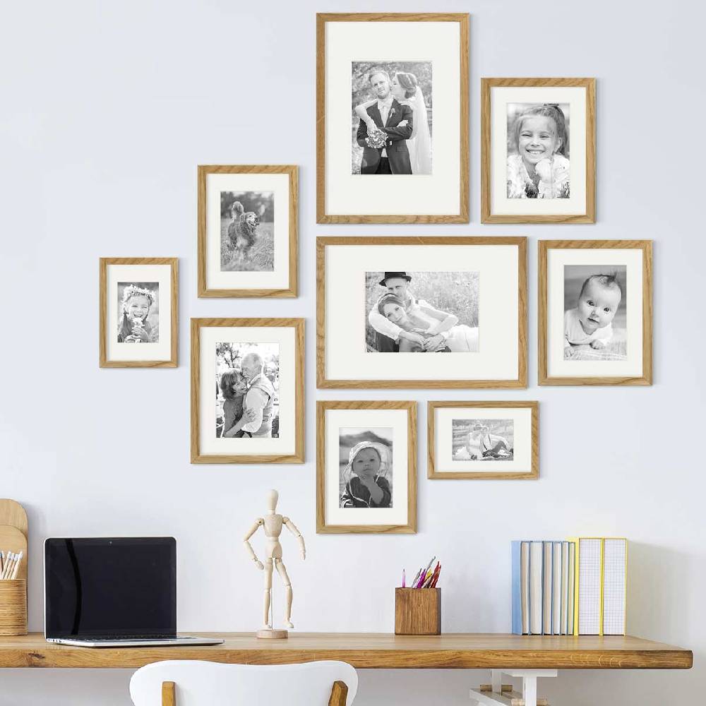 Photolini 9er Set Bilderrahmen Holz, Eiche mit Passepartout Im Verkauf