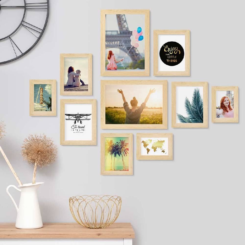 Photolini 10er Bilderrahmen-Set Natur breit modern MDF-Holz mit Acrylglas Rabatte dieses Monats
