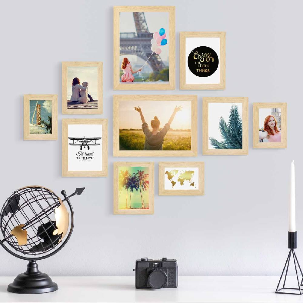 Photolini 10er Bilderrahmen-Set Natur breit modern MDF-Holz mit Acrylglas Rabatte dieses Monats