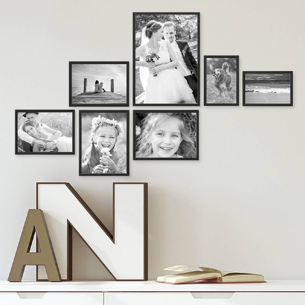 Photolini 7er Set Alu-Bilderrahmen Modern Schwarz Aluminium-Rahmen mit Acrylglas