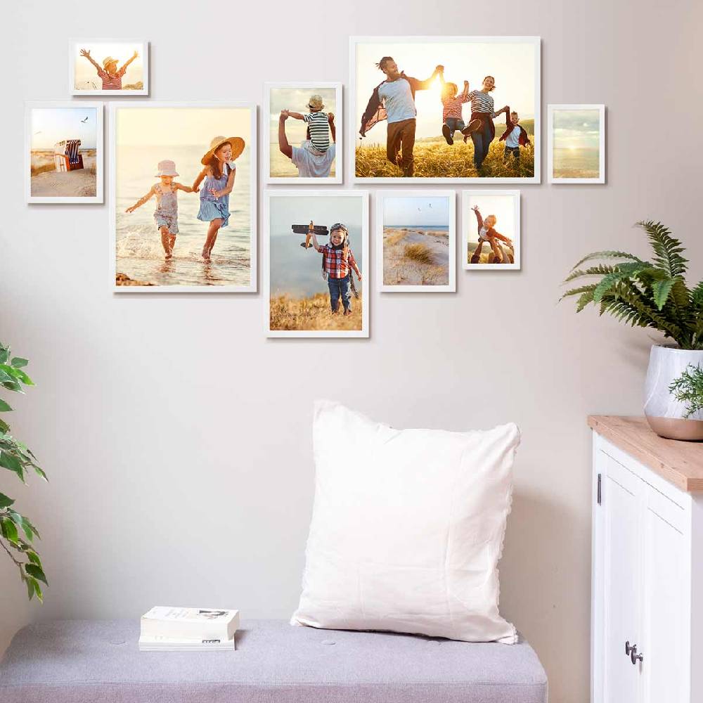 Photolini 9er Bilderrahmen-Set Weiß Massivholz Schmal 10x15 bis 30x40 cm mit Acrylglasscheibe