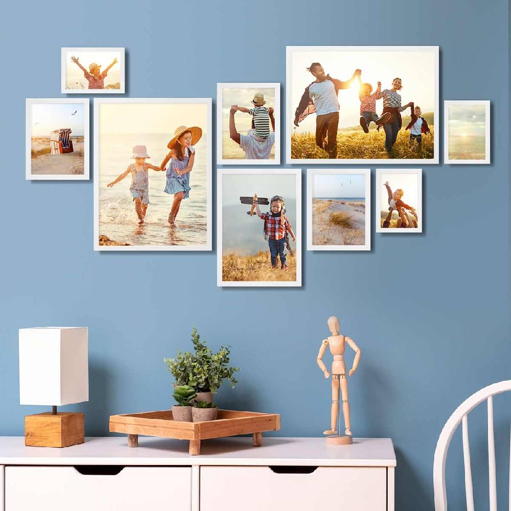 Photolini 9er Bilderrahmen-Set Weiß Massivholz Schmal 10x15 bis 30x40 cm mit Acrylglasscheibe Auslauf