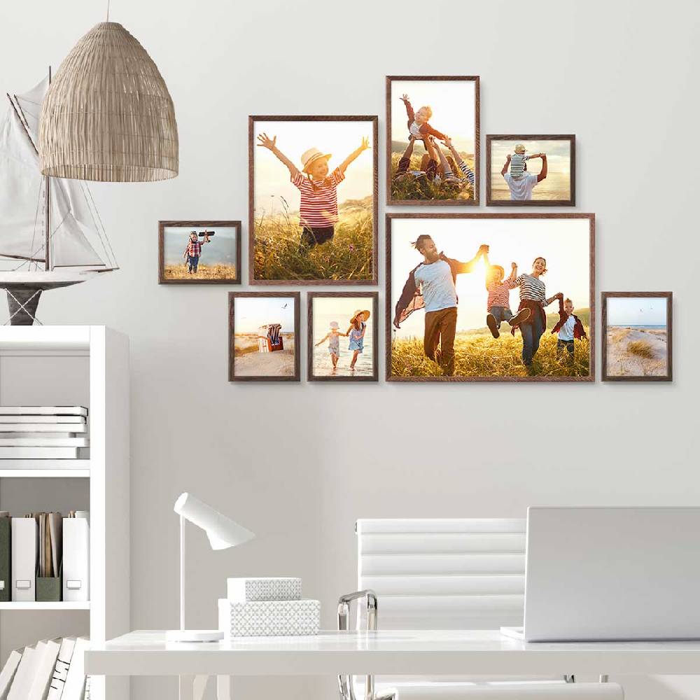 Photolini 8er Bilderrahmen-Set Eiche Dunkel Massivholz Schmal 13x18 bis 40x50 cm mit Acrylglasscheibe