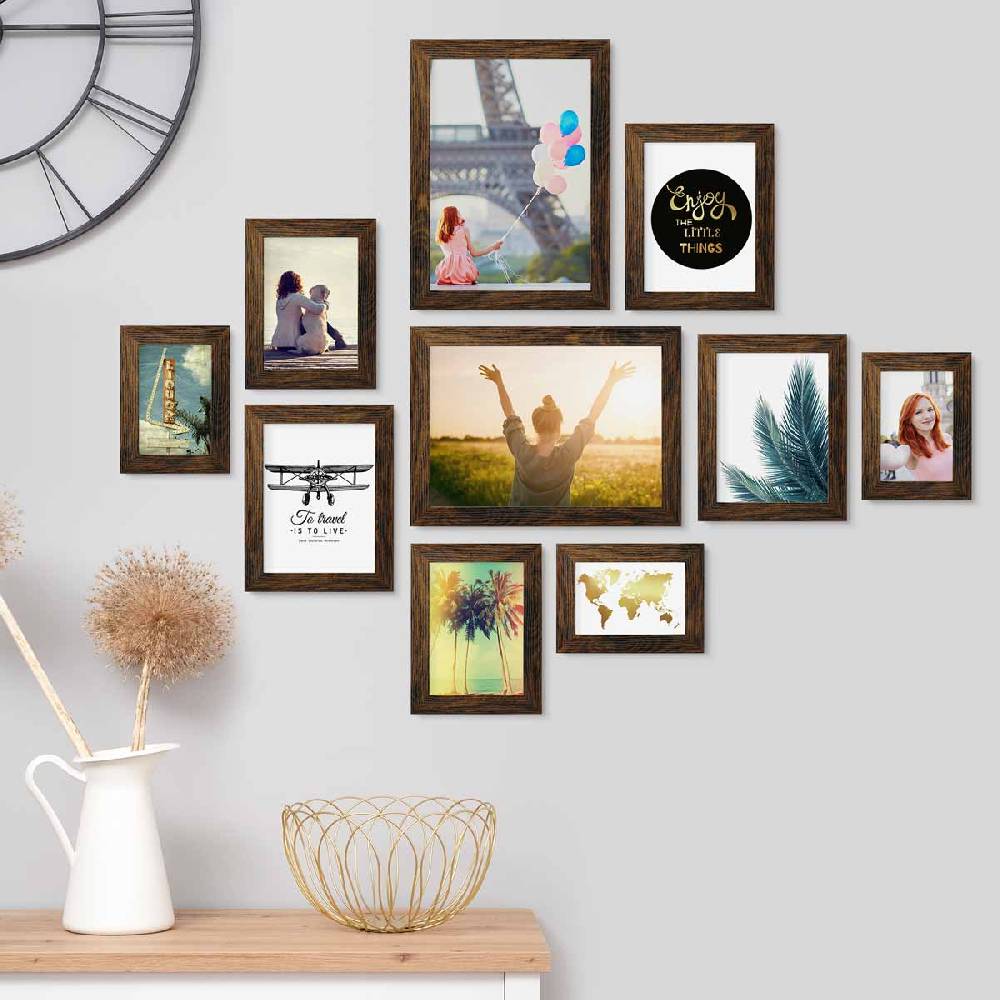 Photolini 10er Bilderrahmen-Set Eiche Dunkel breit modern MDF-Holz mit Acrylglas Angebote