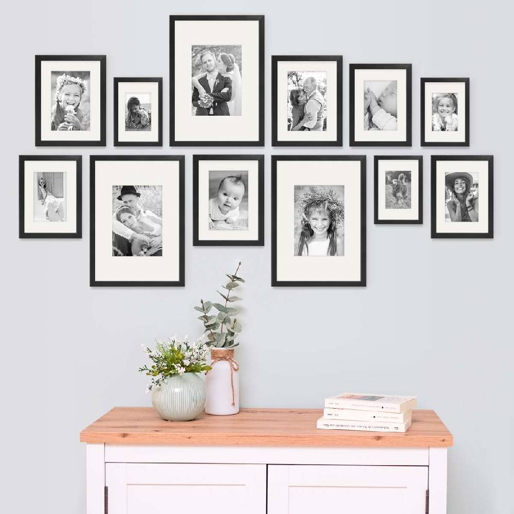 Photolini 12er Set Bilderrahmen Holz, Schwarz mit Passepartout im Angebot