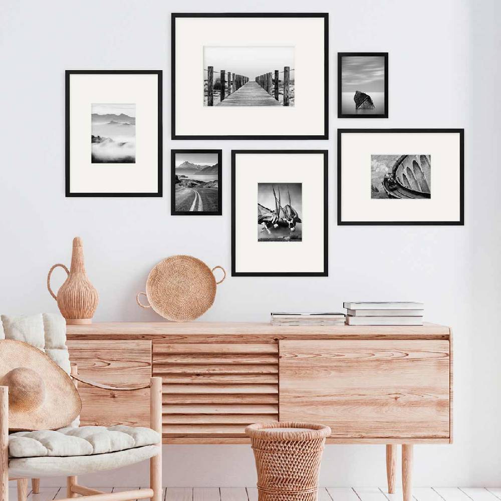 Photolini 6er Bilderrahmen-Set Modern Schwarz aus MDF 15x20 cm, 30x40 cm und 40x50 cm mit Passepartout Günstiger Verkauf