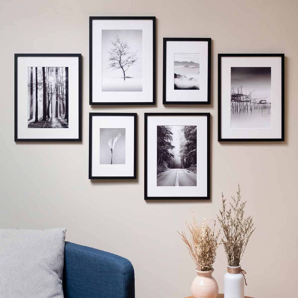 Photolini 6er Bilderrahmen-Set Modern Schwarz aus MDF 21x30 cm / DIN A4 und 30x40 cm mit Passepartout