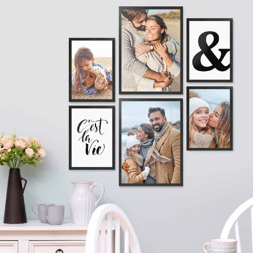 Photolini 6er Bilderrahmen-Set Schwarz aus Massivholz Schmal 2x 30x42 cm/DIN A3 und 4x 21x30 cm/DIN A4 mit Acrylglasscheibe