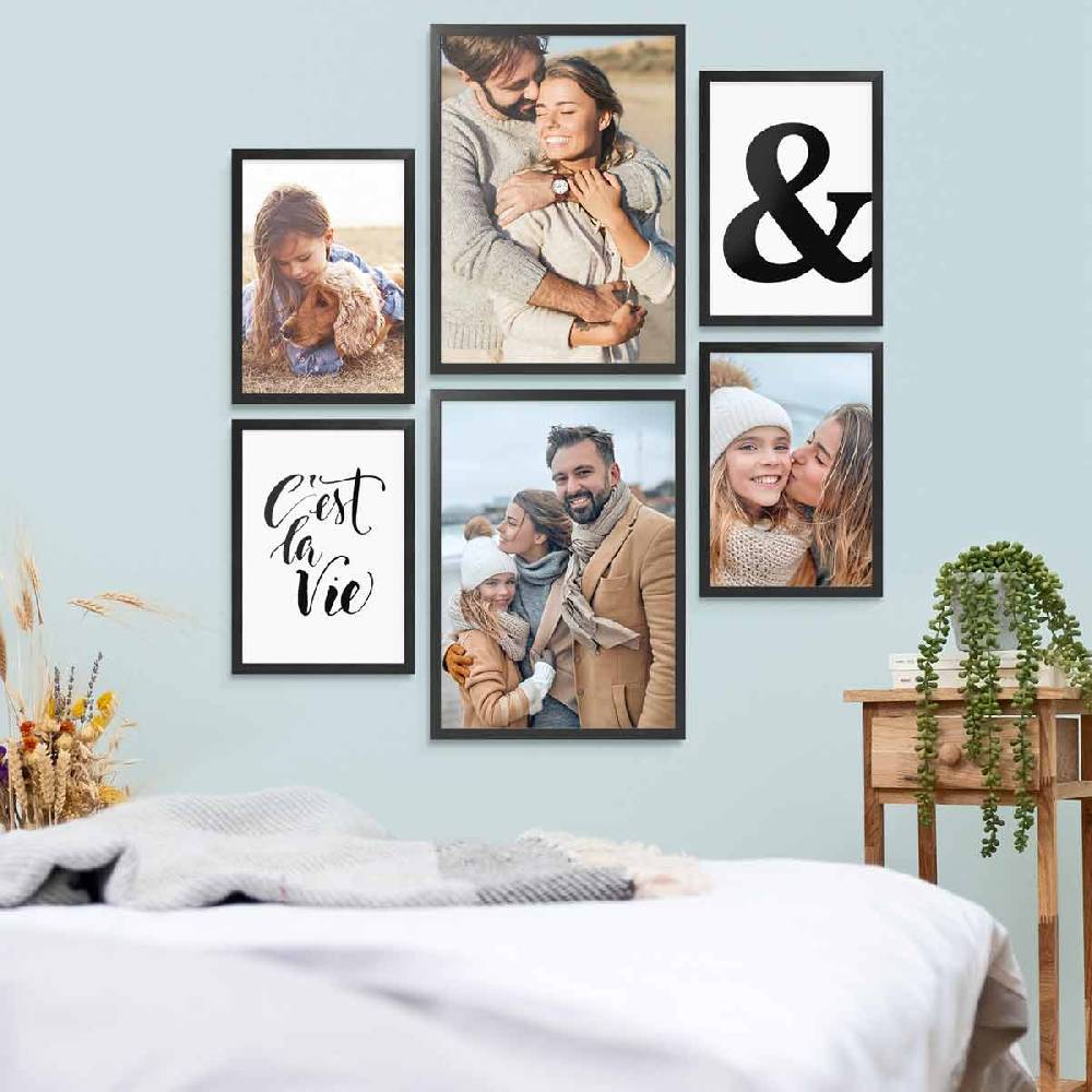 Photolini 6er Bilderrahmen-Set Schwarz aus Massivholz Schmal 2x 30x42 cm/DIN A3 und 4x 21x30 cm/DIN A4 mit Acrylglasscheibe Kostenloser Versand